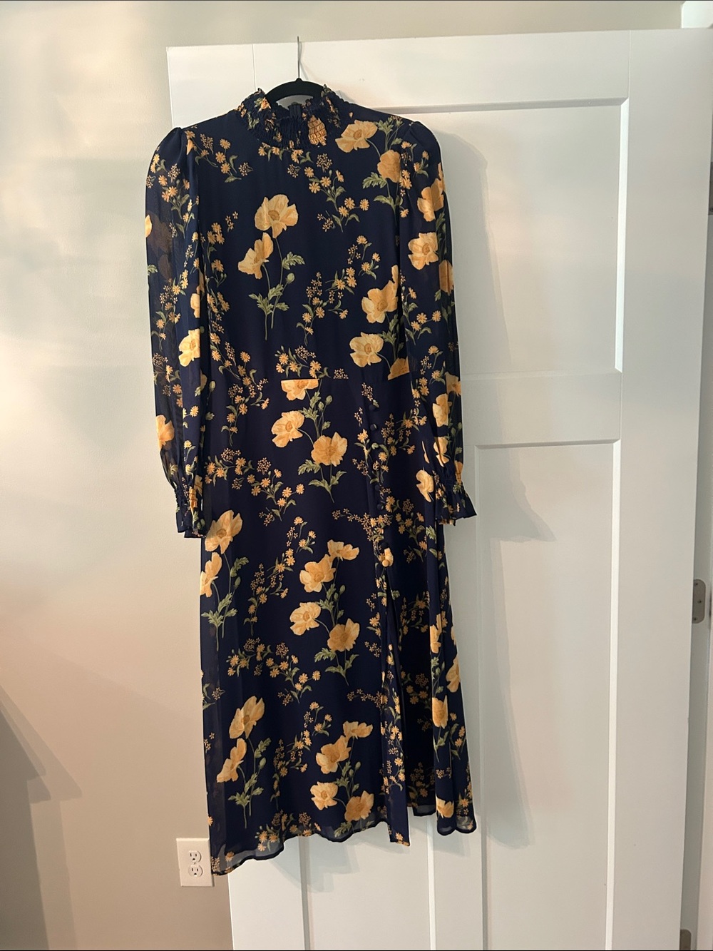 Reformation Navy Long-Sleeve Midi Dress with Yellow Floral Print